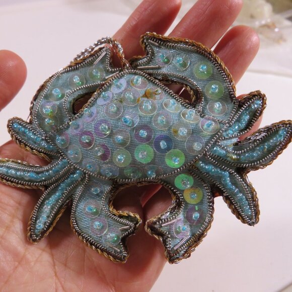 Vintage Sequins & Fabric Sea Turtle and Crab Hangs, Ornament, Tarnished, Aged - Picture 8 of 9